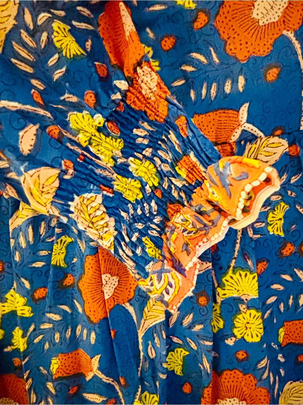 Charlee  Floral V-Neck Tiered Dress - Blue with Orange & Yellow Flowers - Picture 2 of 4